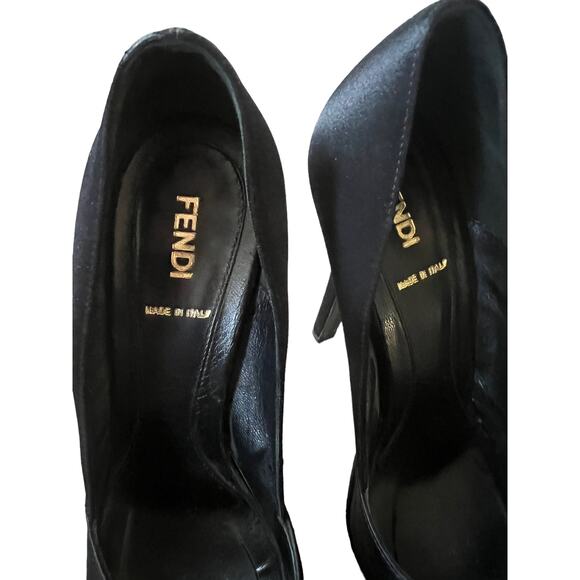 Fendi Black Satin Peep-Toe Deco Platform Pump Heel Size 7 - Picture 5 of 10